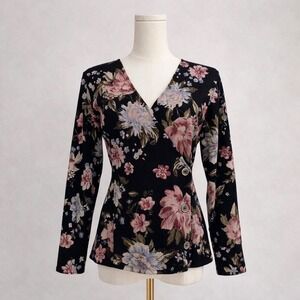 Vintage 90s Lee Fairy Grunge Wrap Top Size M Dark Floral Stretch Whimsigoth Y2k